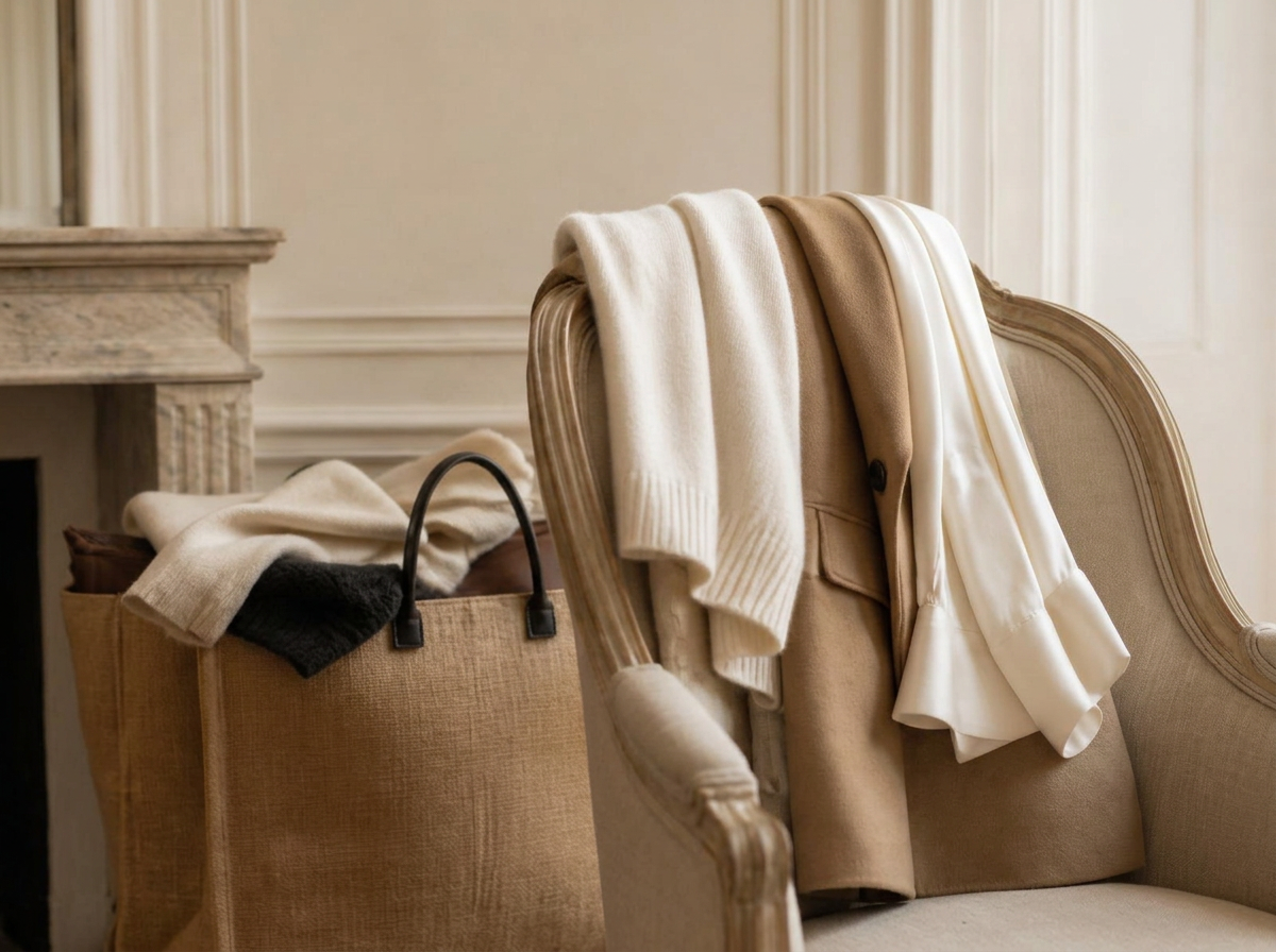 Cashmere, camel wool, and ivory silk garments draped over a linen chair beside a woven collection bag